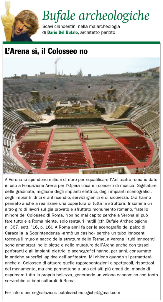 L'Arena sì il Colosseo no Bufale archeologiche Dario Del Bufalo Giornale dell'Arte maggio 2019